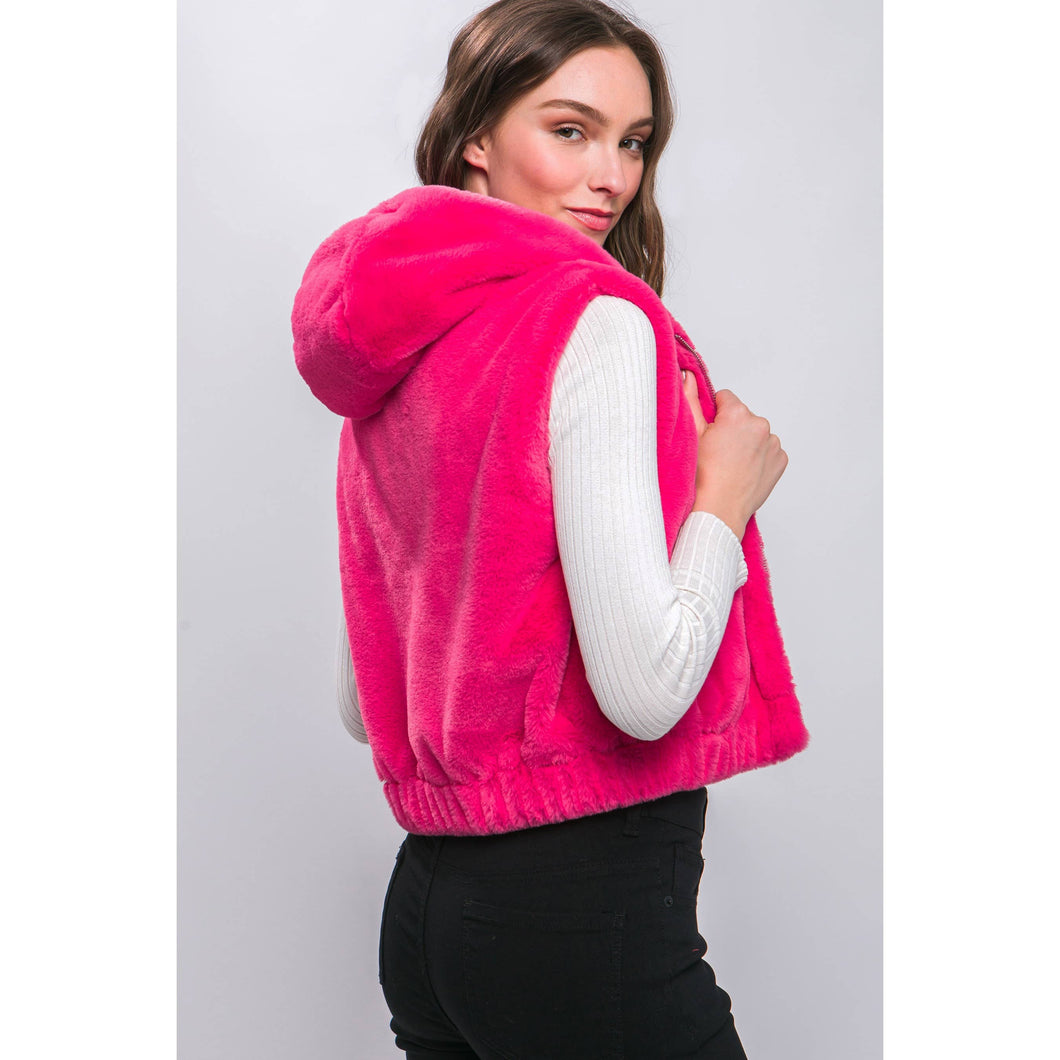 The Whitney Pink Plush Hooded Zip Up Vest