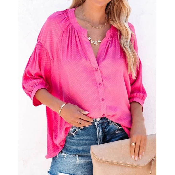 Think Pink Dotted Shirring Blouse: Pink / M - FOX Avenue