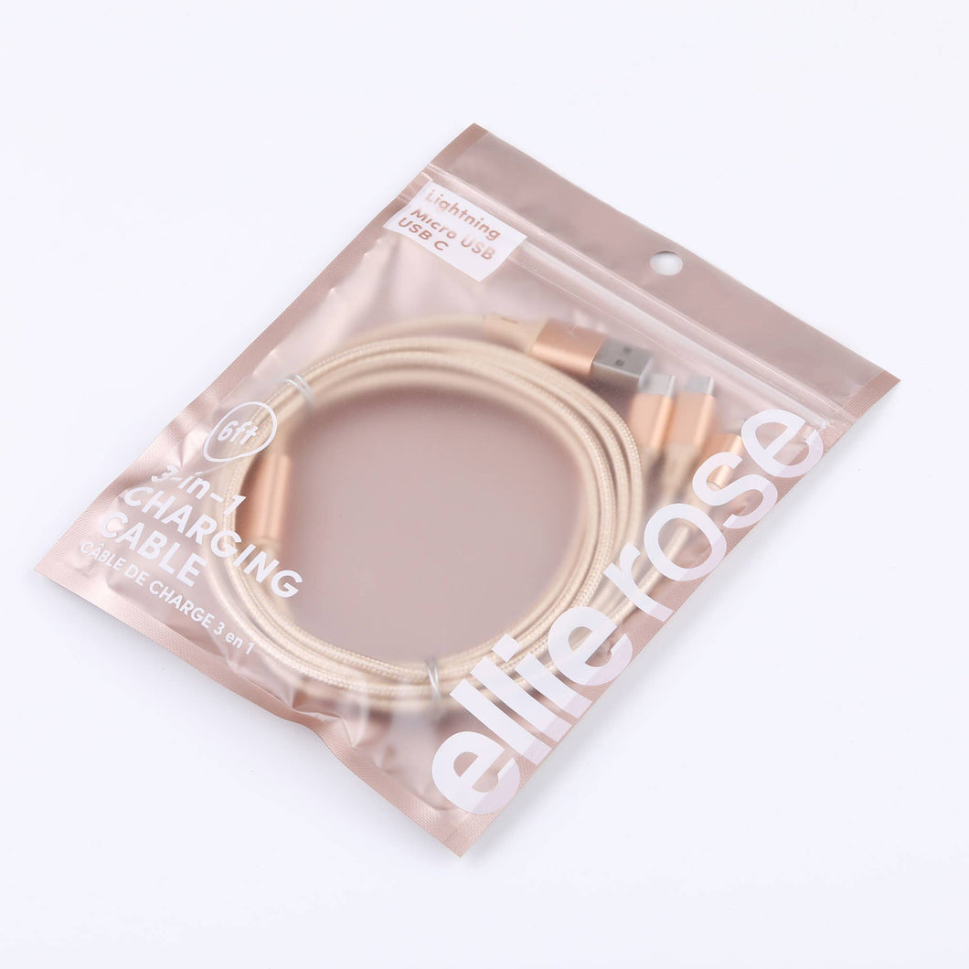3-in-1 Charging Cable 6 Ft Nylon - Gold