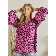 Load image into Gallery viewer, The Reagan Leopard Pleated V-Neck Print Ballon Sleeve Blouse - FOX Avenue
