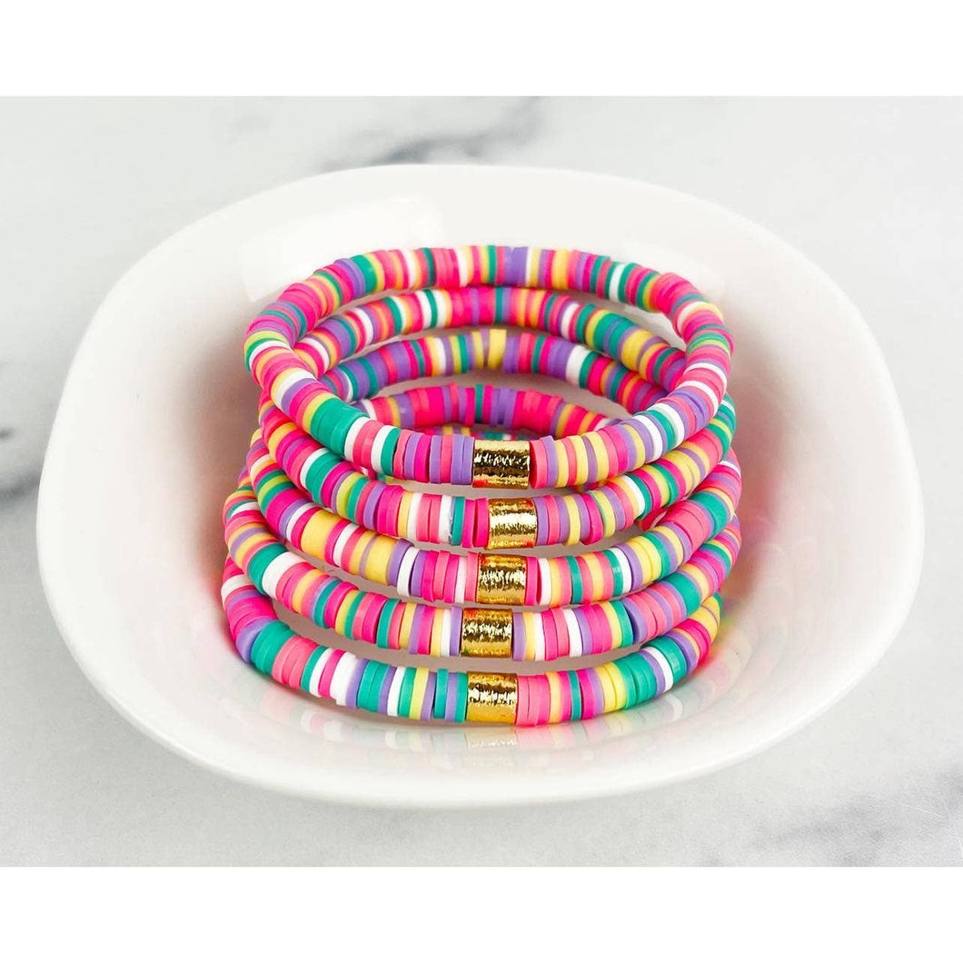 Pink Multi Rainbow Bracelet 8 inch Gold Barrel