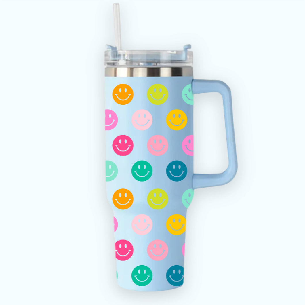 40oz Smiley Face Tumbler with Handle Sky Blue