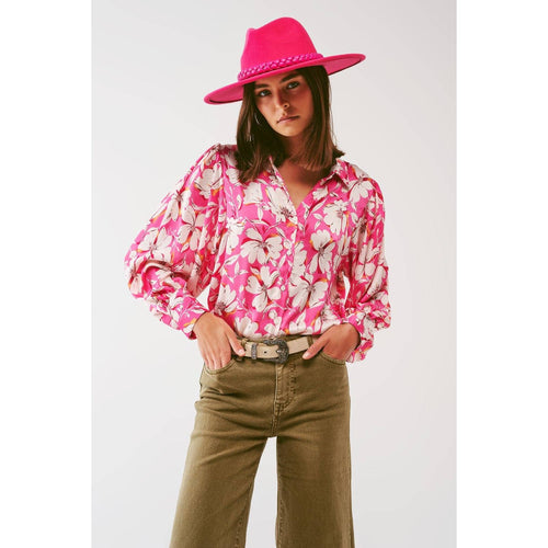 Floral chiffon Blouse with Volume Sleeves in Pink - FOX Avenue