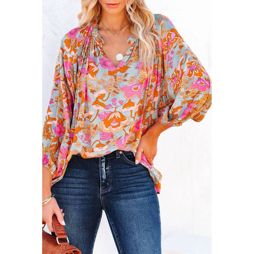 Floral Print Loose Fit Ruched V Neck Blouse - FOX Avenue