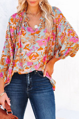 Floral Print Loose Fit Ruched V Neck Blouse - FOX Avenue