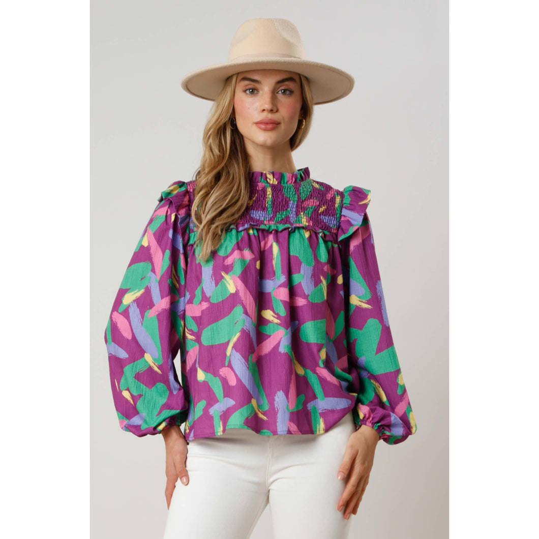 Sentinel Smocked Abstract Blouse