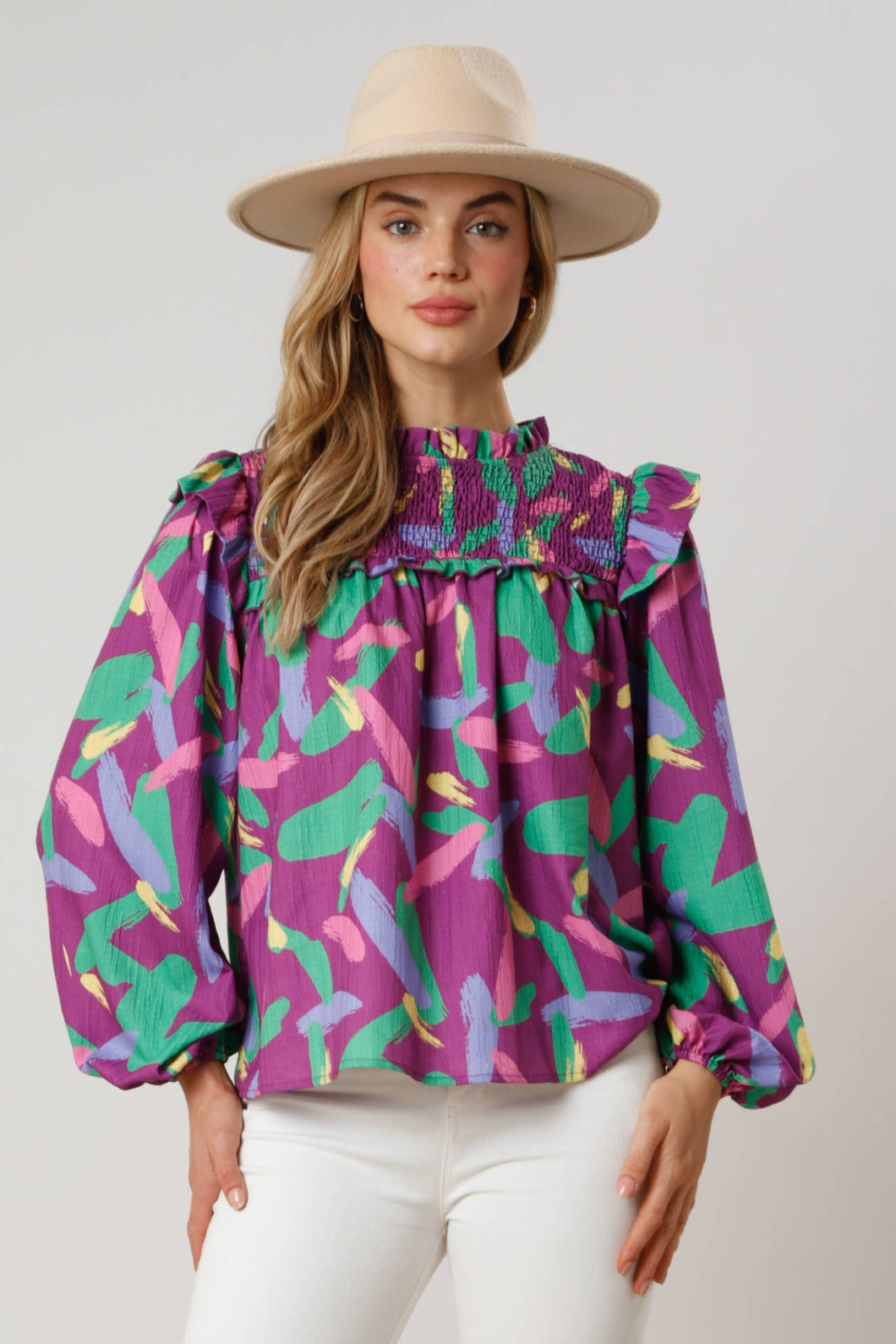 Sentinel Smocked Abstract Blouse