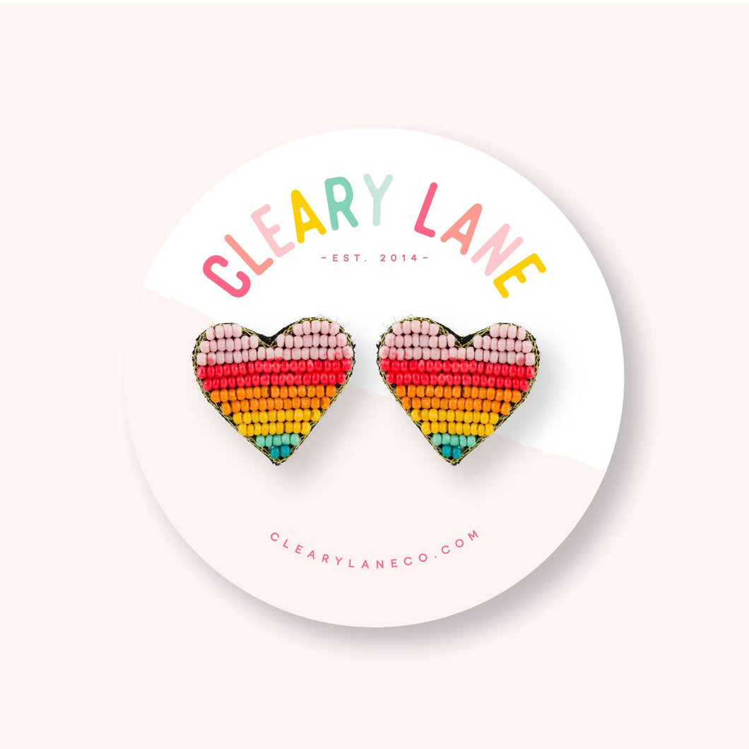 Beaded Heart Stud Earrings | Pink Rainbow