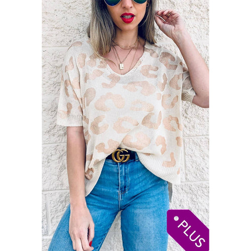 Gold Leopard Printed Short Sleeve V Neck Knit Top - FOX Avenue