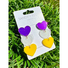 Load image into Gallery viewer, Game day Purple, White and Yellow Spirit Heart Earrings
