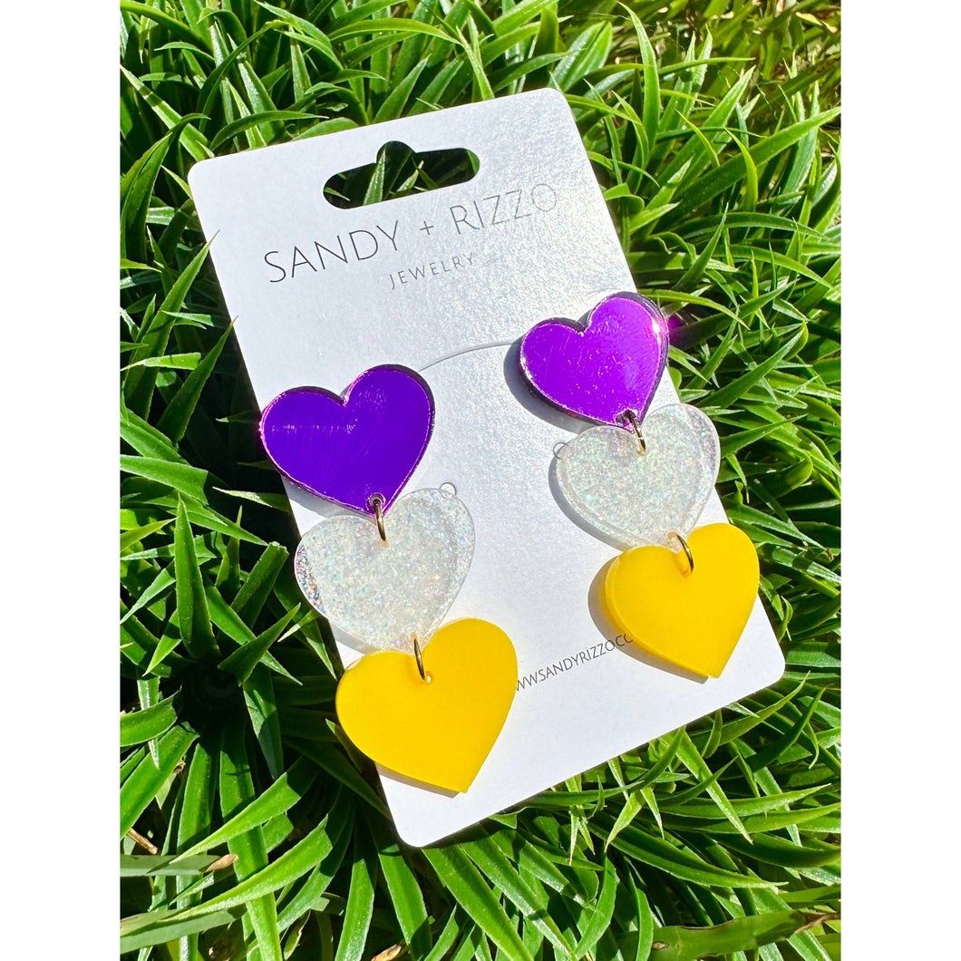 Game day Purple, White and Yellow Spirit Heart Earrings