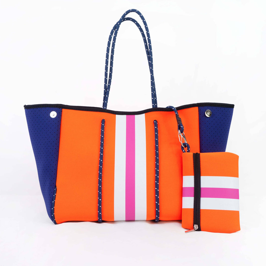 The Aniella Neoprene Tote - Orange/Navy with Pink Stripe - FOX Avenue