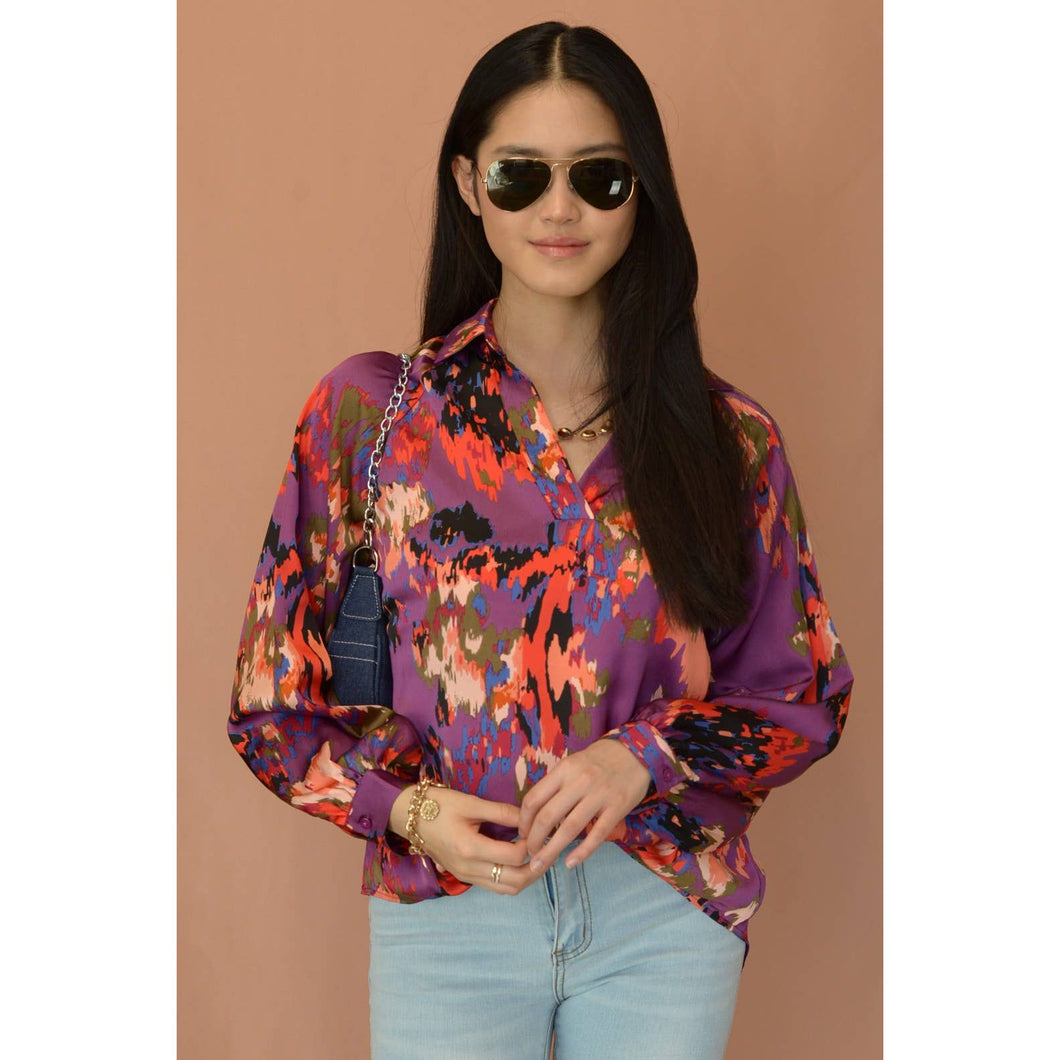ESLEY - T2212SY84506- Collared Multi Color Long Sleeves Woven Top - FOX Avenue