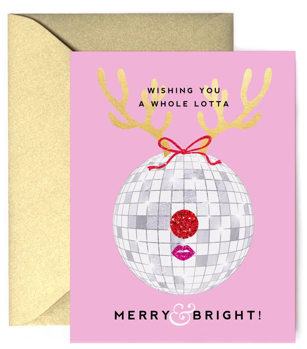 Merry & Bright Disco Ball Reindeer Christmas Greeting Card