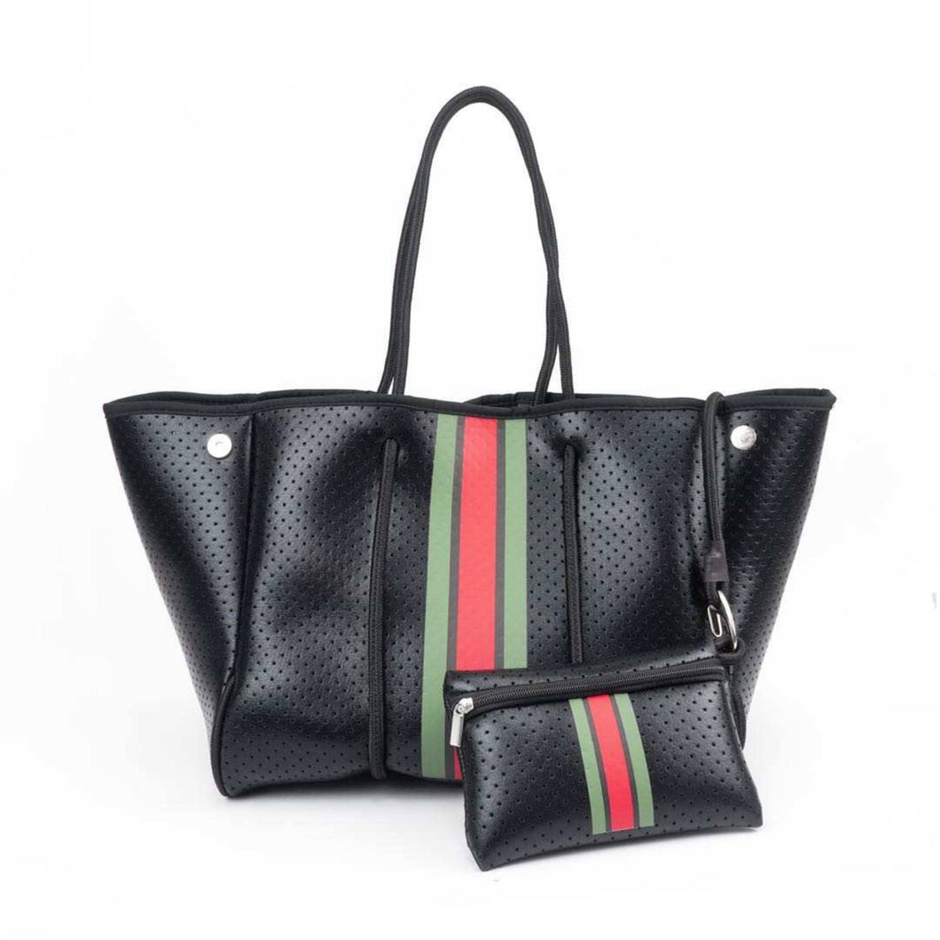 Babs + Birdie - The Aniella Neoprene Tote - Black with Red and Green Stripe - FOX Avenue