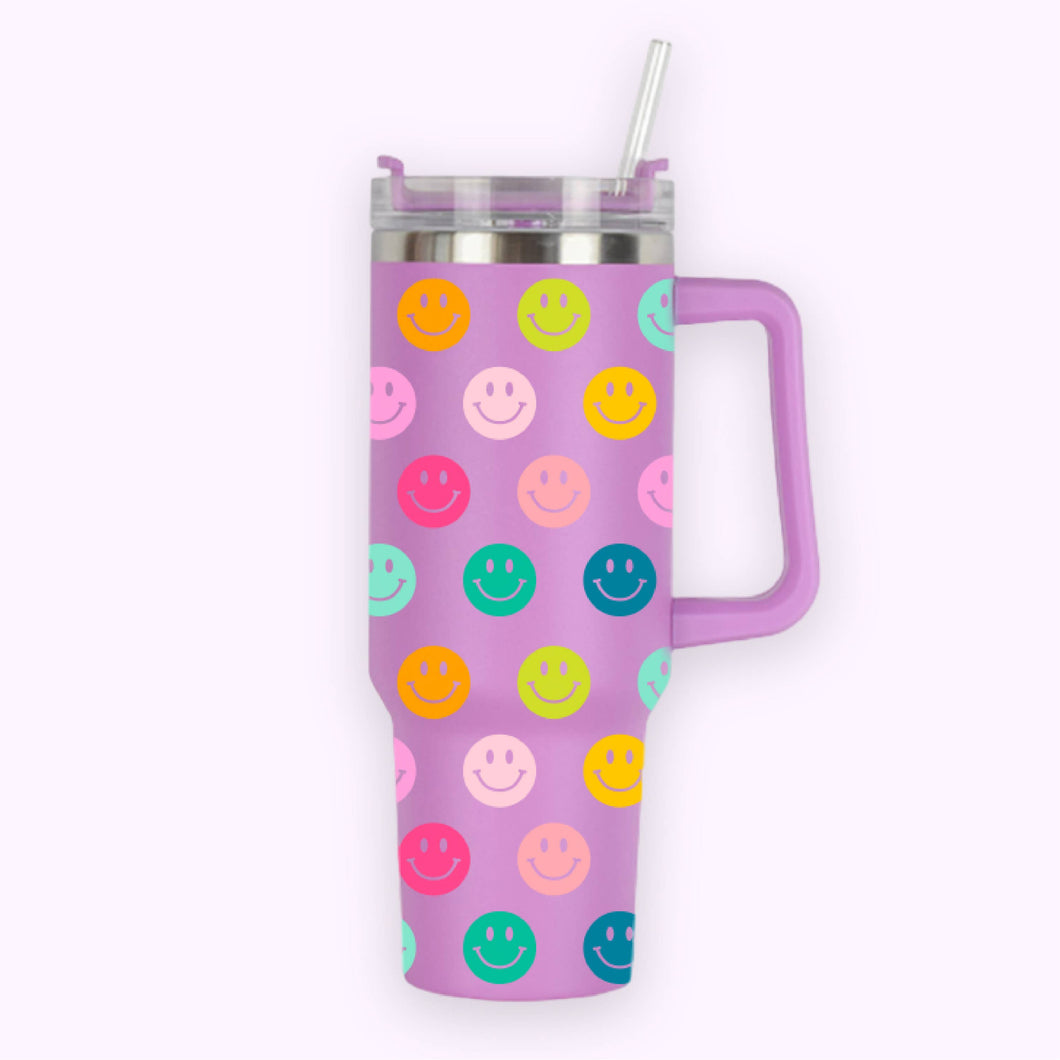 40oz Tumbler with Handle Berry Rainbow Smiley Face