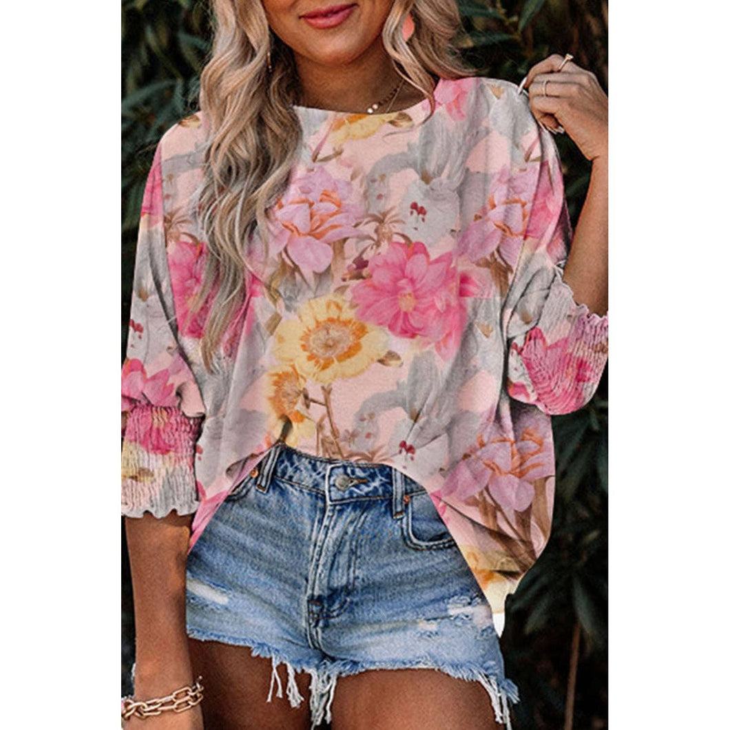 BELLISSIMA FASHION - Shirred Cuff 3/4 Sleeve Loose Fit Floral Blouse - FOX Avenue