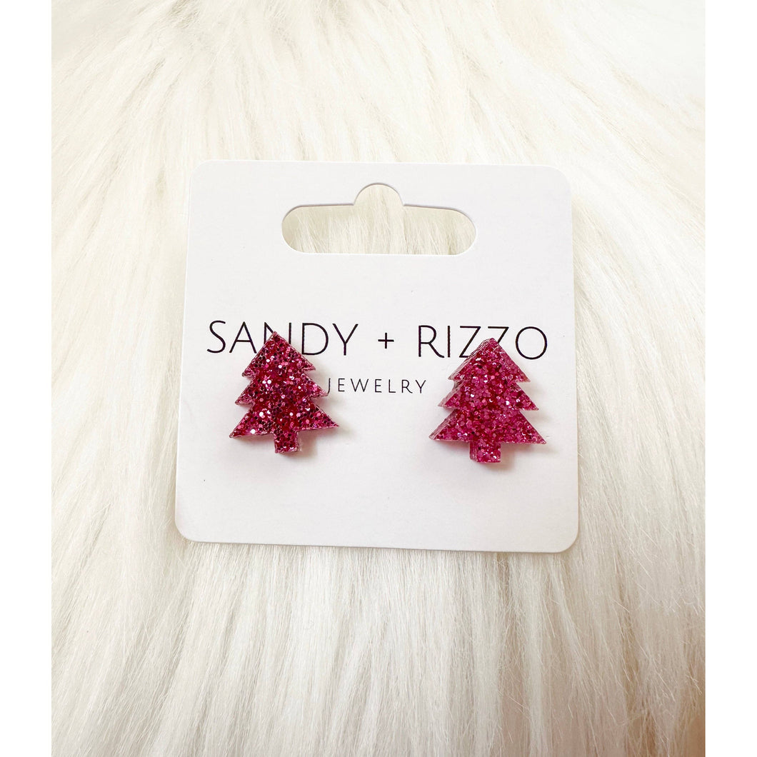 Small Pink Christmas Tree Stud Earrings