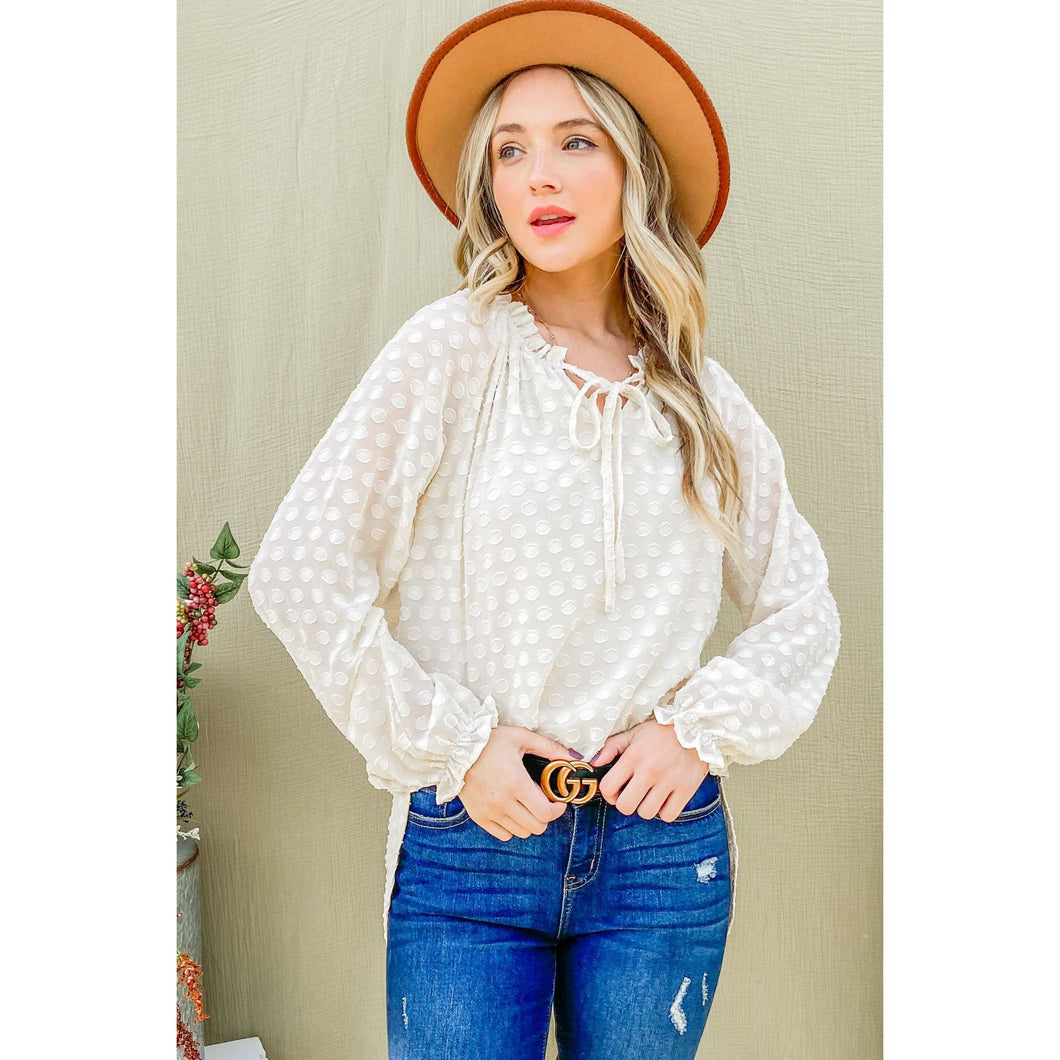 AND THE WHY - ATW14570 - Polka Dot Textured Balloon Sleeves Blouse Top - FOX Avenue
