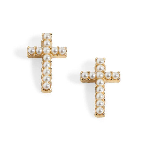 Whispers - Small Cross w/ Pearls Stud Earrings - Gold - FOX Avenue