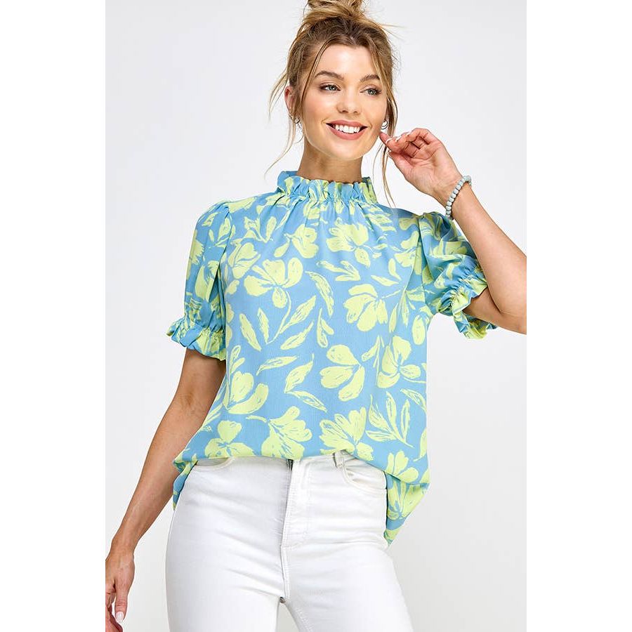 The Rylie Blue Ruffled Floral Top - FOX Avenue