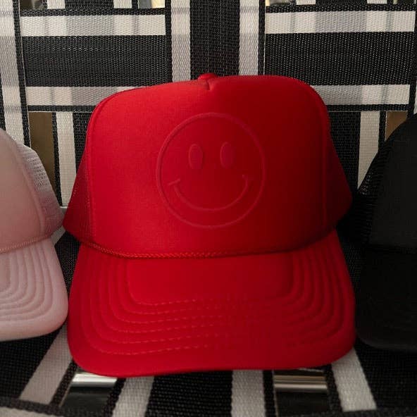 Happy Face Monochrome Trucker Hat Red
